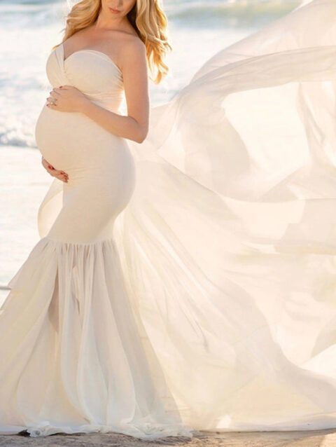 Off Shoulder Off white Maternity Solid Color Strapless Photo Dress