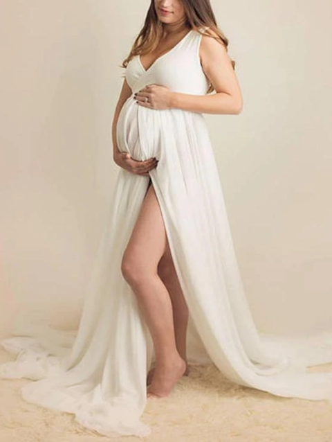 Maternity Solid White Sleeveless Baby Shower Dress