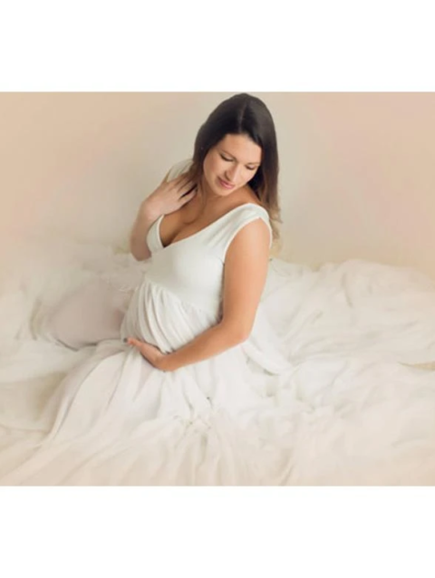 Maternity Solid White Sleeveless Baby Shower Dress