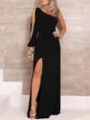 Black One Shoulder Slit Maxi Dress