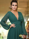 Deep V Neck & Back Long Sleeves Chiffon Bridesmaid Dress