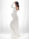 White Bandeau Pleated Boat Neck Off Shoulder Floor Length Maternity Maxi Dress