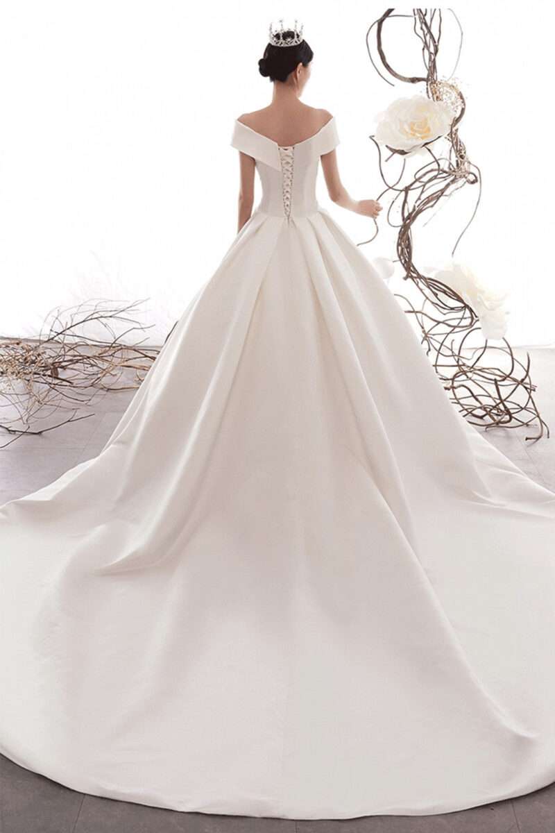 Off Shoulder Corsage Back Vintage Satin Wedding Dress with Trail