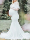 White Lycra off Shoulder Spaghetti Strap Maternity Dress