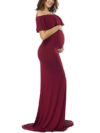 Wine Maternity Solid Color Off Shoulder Photoshoot Gowns