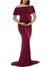 Wine Maternity Solid Color Off Shoulder Photoshoot Gowns
