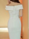 White Off Shoulder Fitted Midi Dress