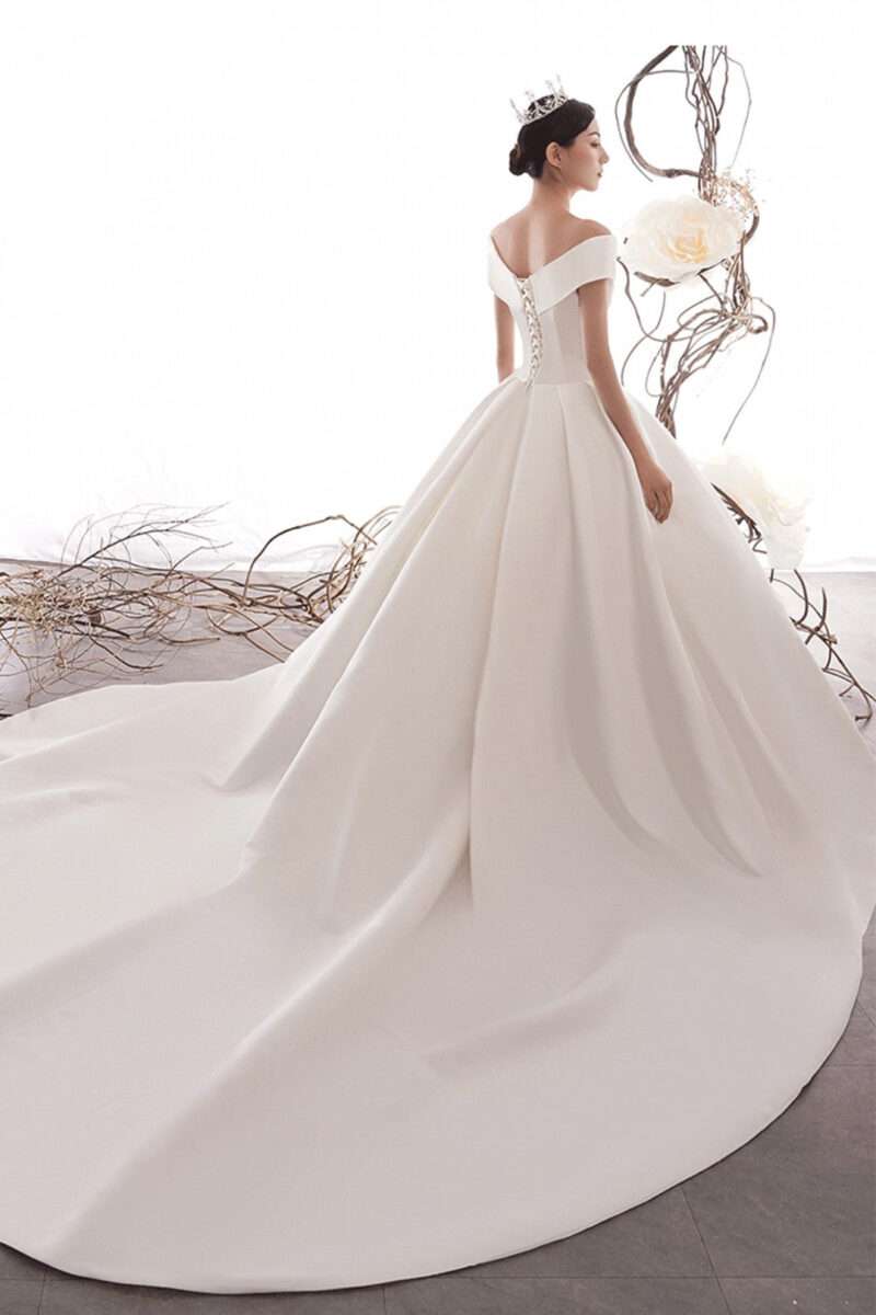Off Shoulder Corsage Back Vintage Satin Wedding Dress with Trail
