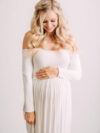 White Bandeau Pleated Boat Neck Off Shoulder Floor Length Maternity Maxi Dress