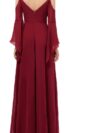 Bright Maroon Cold Shoulder Umbrella Sleeves Maxi Dress