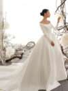 Scoop Neck Lace Long Sleeve Tied Back Satin Wedding Dress with Trail