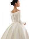 Scoop Neck Lace Long Sleeve Tied Back Satin Wedding Dress with Trail