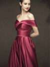 Off Shoulder Ruched Corset Back A-Line Satin Wedding Prom Dress