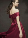Off Shoulder Ruched Corset Back A-Line Satin Wedding Prom Dress