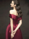 Off Shoulder Ruched Corset Back A-Line Satin Wedding Prom Dress