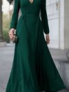 Green Flared V Neck Puffer Sleeves Dress