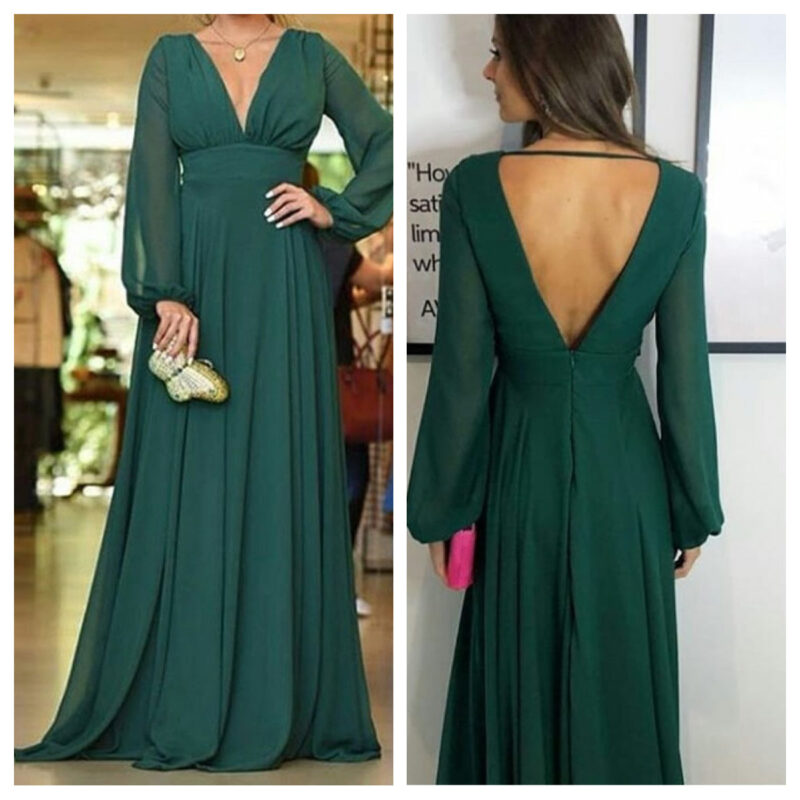 Deep V Neck & Back Long Sleeves Chiffon Bridesmaid Dress