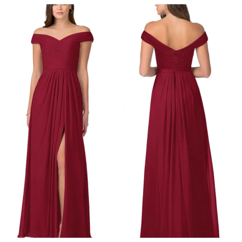 Maroon off shoulder Maxi Dress with slit