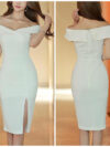 White Off Shoulder Fitted Midi Dress