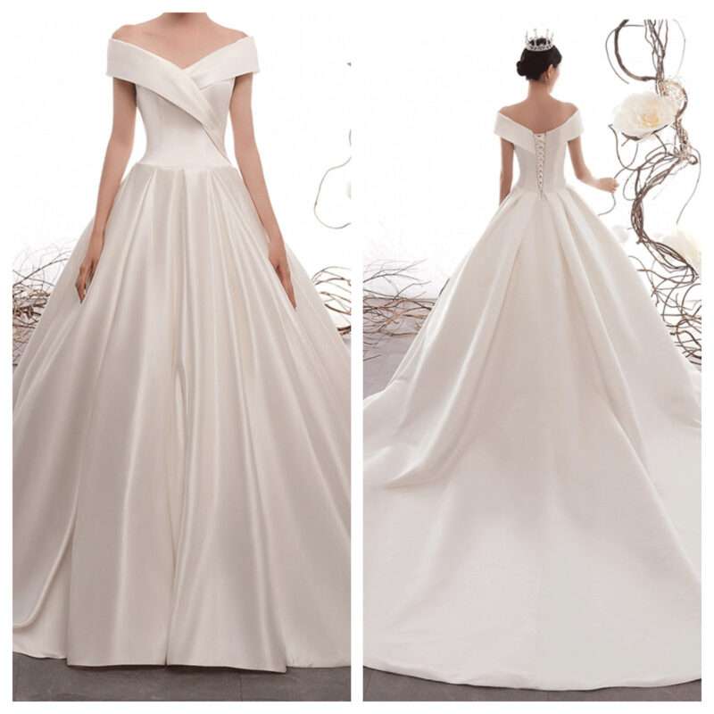 Off Shoulder Corsage Back Vintage Satin Wedding Dress with Trail