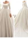 Scoop Neck Lace Long Sleeve Tied Back Satin Wedding Dress with Trail