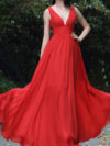 Plunge Neck Red V Neck Georgette Maxi Dress