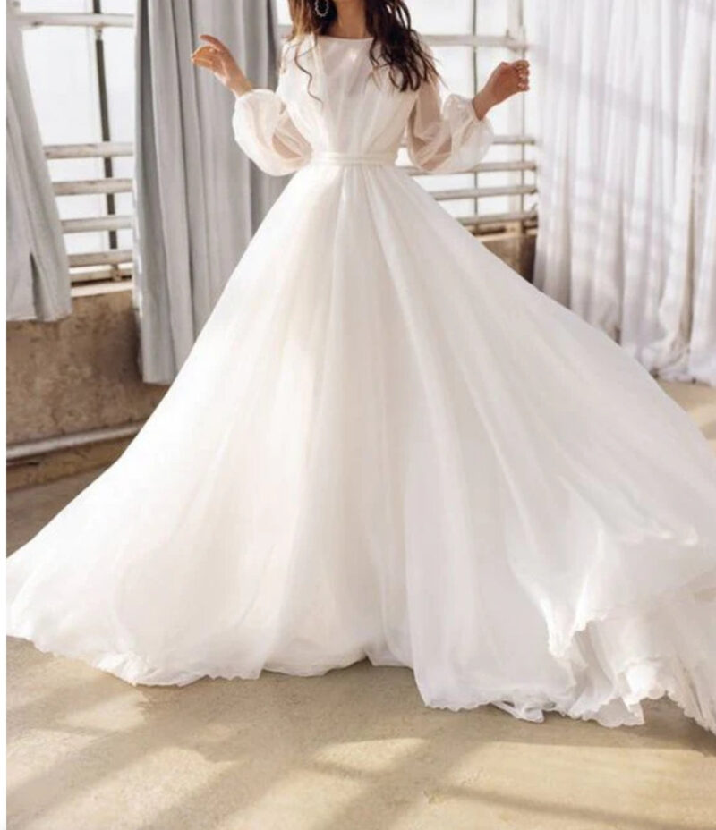 Breezy White V Back Puffer Sleeves Trail GownBreezy White V Back Puffer Sleeves Trail Gown