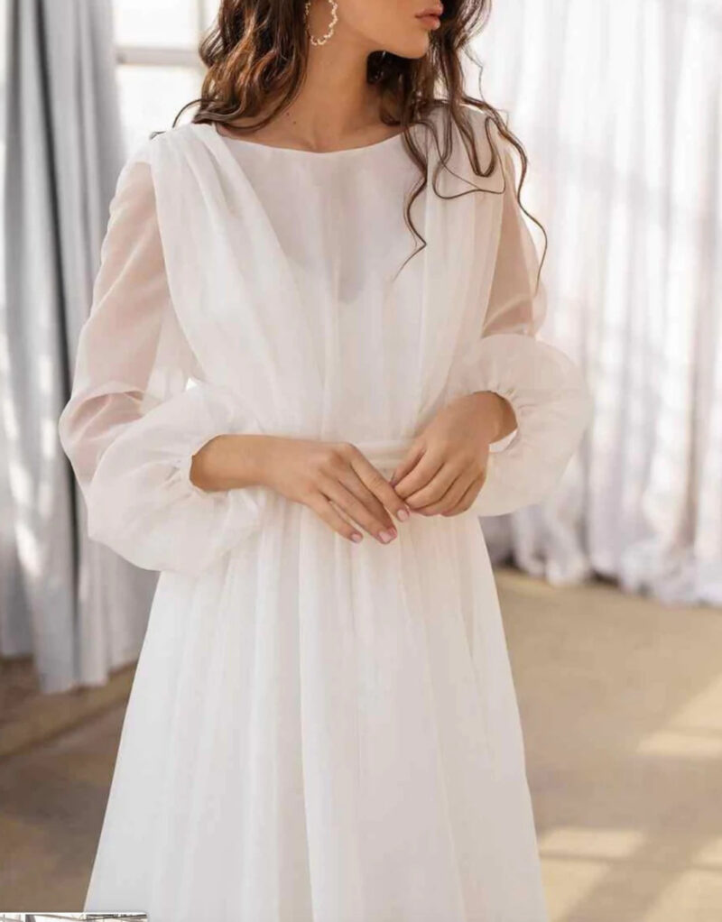 Breezy White V Back Puffer Sleeves Trail Gown
