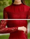 Charming Long Lace Sleeves Pleated Chiffon Long Red Maxi Dress