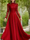 Charming Long Lace Sleeves Pleated Chiffon Long Red Maxi Dress