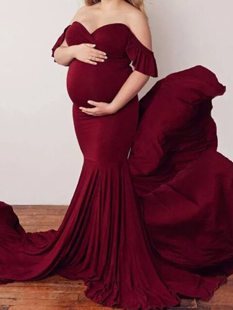 Off Shoulder Lyra and Georgette Maroon Trail Maternity Gown