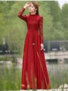 Charming Long Lace Sleeves Pleated Chiffon Long Red Maxi Dress