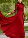 Charming Long Lace Sleeves Pleated Chiffon Long Red Maxi Dress