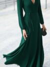 Green Flared V Neck Puffer Sleeves Dress