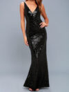 Black Sequins V Neck Bodycon Maxi Dress