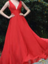 Plunge Neck Red V Neck Georgette Maxi Dress