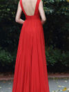 Plunge Neck Red V Neck Georgette Maxi Dress