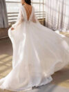 Breezy White V Back Puffer Sleeves Trail Gown